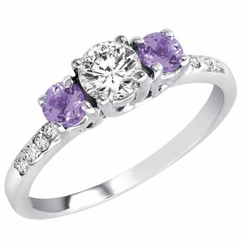 14K White Gold Round 3 Stone Diamond and Tanzanite Engagement Ring With Pave Set Shank (1.00 cttw)