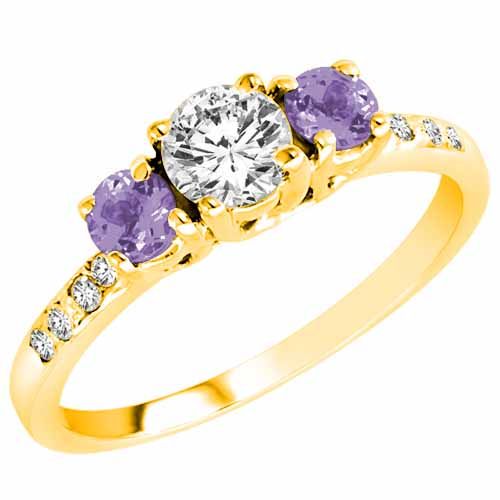 14K Yellow Gold Round 3 Stone Diamond and Tanzanite Engagement Ring With Pave Set Shank (1.00 cttw)