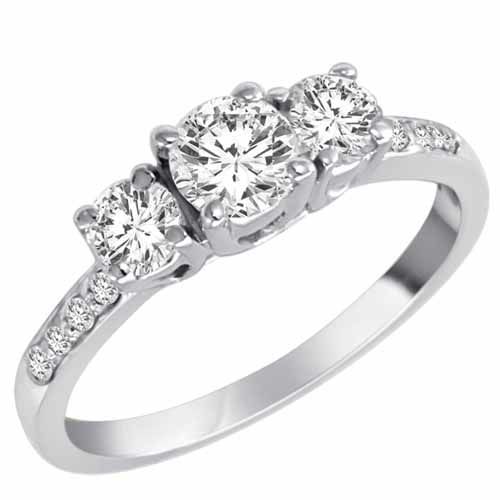 18K White Gold 3 Three Stone Round Brilliant Diamond Engagement Ring With Pave Set Shank (1 cttw, F-G/I1)
