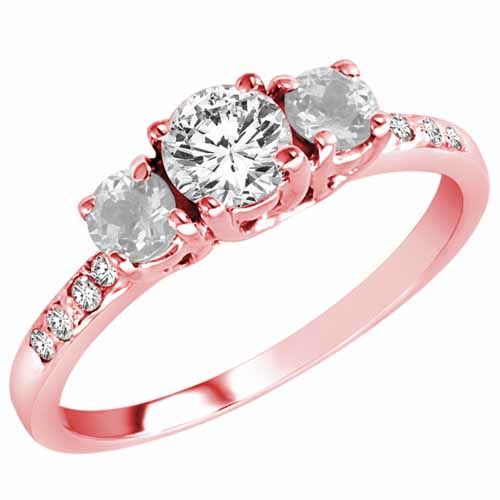 14K Rose Gold Round 3 Stone Diamond and White Quartz Engagement Ring With Pave Set Shank (1.00 cttw)
