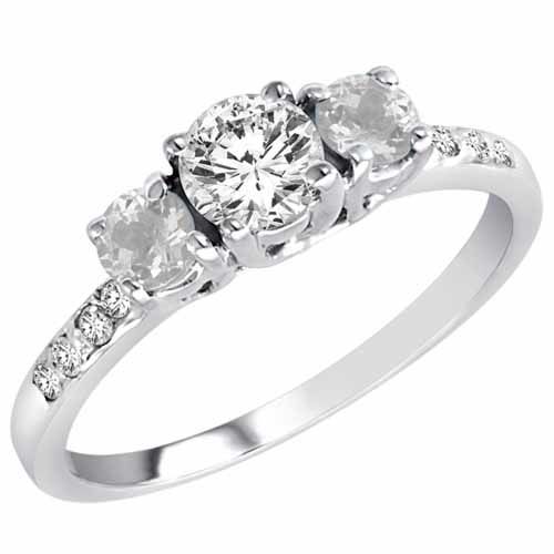 14K White Gold Round 3 Stone Diamond and White Quartz Engagement Ring With Pave Set Shank (1.00 cttw)