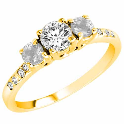 10K Yellow Gold Round 3 Stone Diamond and White Quartz Engagement Ring With Pave Set Shank (1.00 cttw)