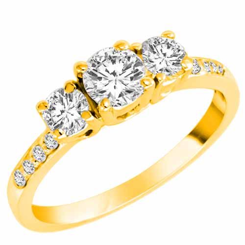 18K Yellow Gold 3 Three Stone Round Brilliant Diamond Engagement Ring With Pave Set Shank (1 cttw, F-G/I1)