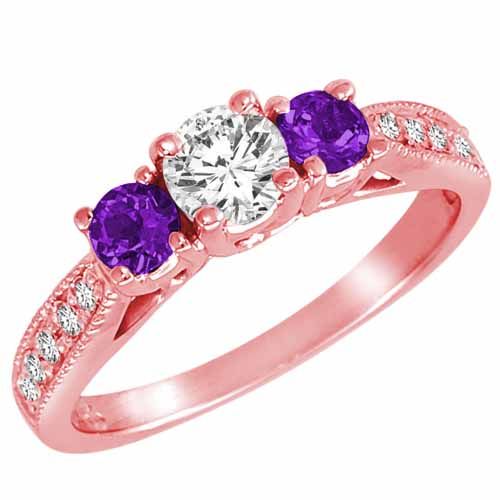 14K Rose Gold Round 3 Stone Diamond and Amethyst Engagement Ring With Milgrain Pave Set Shank (1.00 cttw)