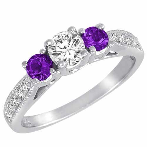 14K White Gold Round 3 Stone Diamond and Amethyst Engagement Ring With Milgrain Pave Set Shank (1.00 cttw)