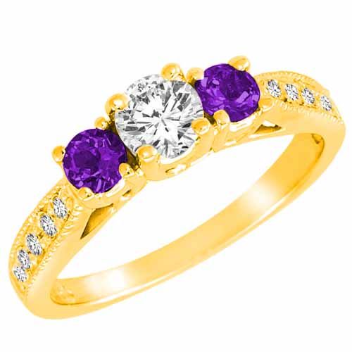 10K Yellow Gold Round 3 Stone Diamond and Amethyst Engagement Ring With Milgrain Pave Set Shank (1.00 cttw)