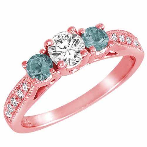 10K Rose Gold Round 3 Stone Diamond and Aquamarine Engagement Ring With Milgrain Pave Set Shank (1.00 cttw)