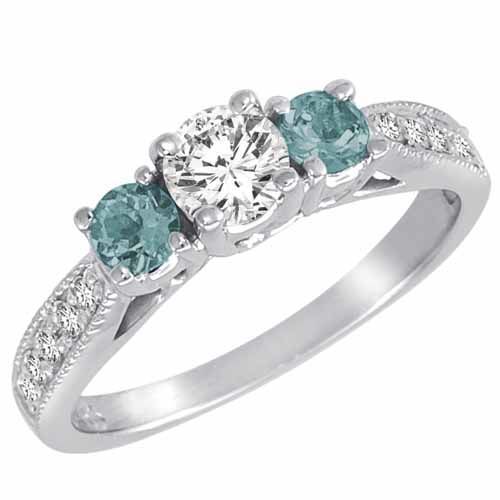 10K White Gold Round 3 Stone Diamond and Aquamarine Engagement Ring With Milgrain Pave Set Shank (1.00 cttw)