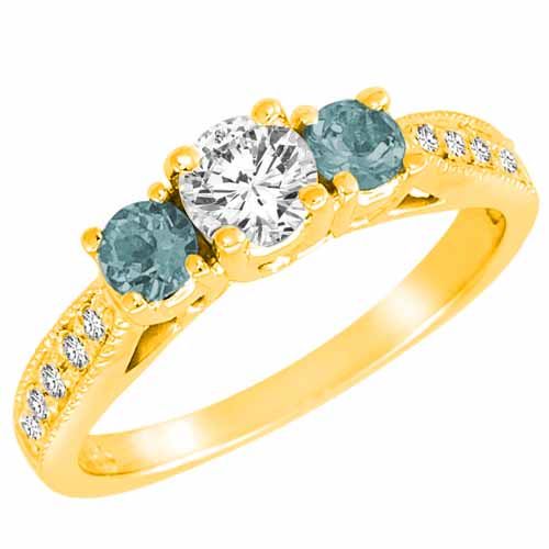 10K Yellow Gold Round 3 Stone Diamond and Aquamarine Engagement Ring With Milgrain Pave Set Shank (1.00 cttw)