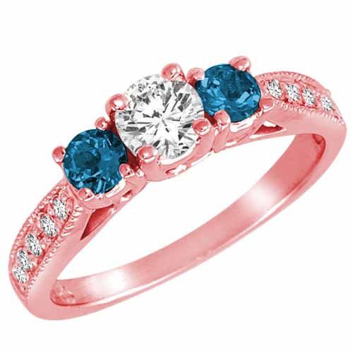 10K Rose Gold 3 Stone Diamond and Blue Diamond Accented Engagement Ring With Milgrain Pave Set Shank (1 cttw)