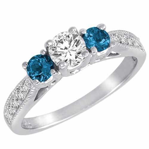 Platinum 3 Stone Diamond and Blue Diamond Accented Engagement Ring With Milgrain Pave Set Shank (1 cttw)
