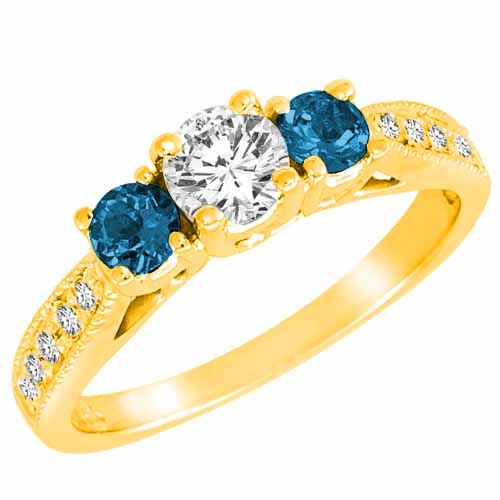 10K Yellow Gold 3 Stone Diamond and Blue Diamond Accented Engagement Ring With Milgrain Pave Set Shank (1 cttw)