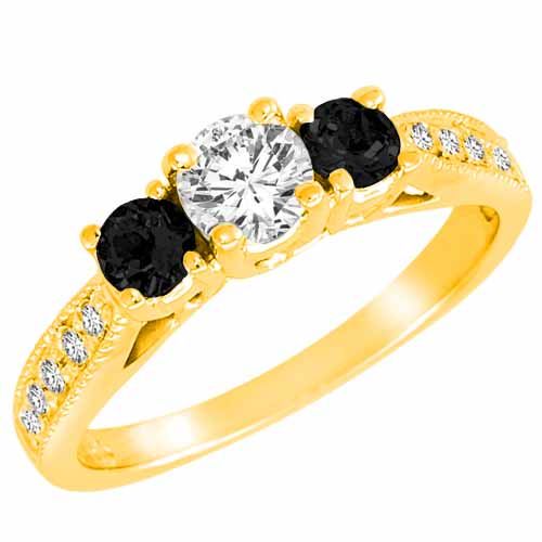 18K Yellow Gold Round 3 Stone Diamond and Black Diamond Engagement Ring With Milgrain Pave Set Shank (1.00 cttw)