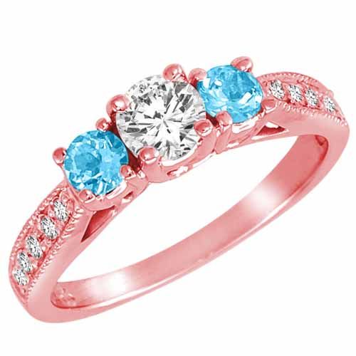 14K Rose Gold Round 3 Stone Diamond and Blue Topaz Engagement Ring With Milgrain Pave Set Shank (1.00 cttw)