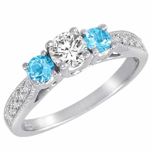 10K White Gold Round 3 Stone Diamond and Blue Topaz Engagement Ring With Milgrain Pave Set Shank (1.00 cttw)
