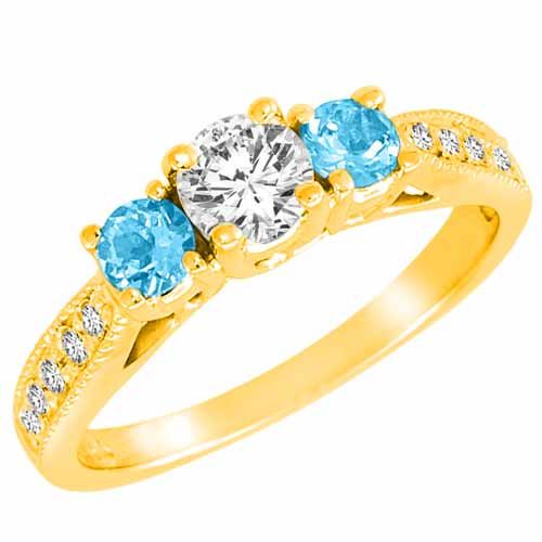 10K Yellow Gold Round 3 Stone Diamond and Blue Topaz Engagement Ring With Milgrain Pave Set Shank (1.00 cttw)