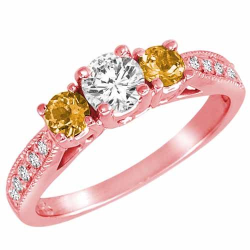 10K Rose Gold Round 3 Stone Diamond and Citrine Engagement Ring With Milgrain Pave Set Shank (1.00 cttw)