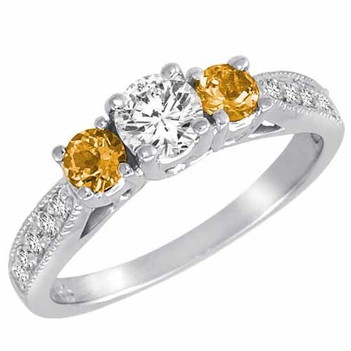 10K White Gold Round 3 Stone Diamond and Citrine Engagement Ring With Milgrain Pave Set Shank (1.00 cttw)