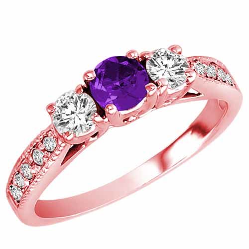 10K Rose Gold Round 3 Stone Diamond and Amethyst Engagement Ring With Milgrain Pave Set Shank (0.95 cttw)