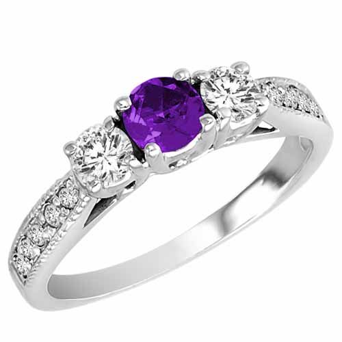 14K White Gold Round 3 Stone Diamond and Amethyst Engagement Ring With Milgrain Pave Set Shank (0.95 cttw)