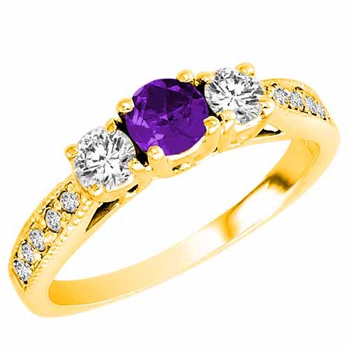 18K Yellow Gold Round 3 Stone Diamond and Amethyst Engagement Ring With Milgrain Pave Set Shank (0.95 cttw)