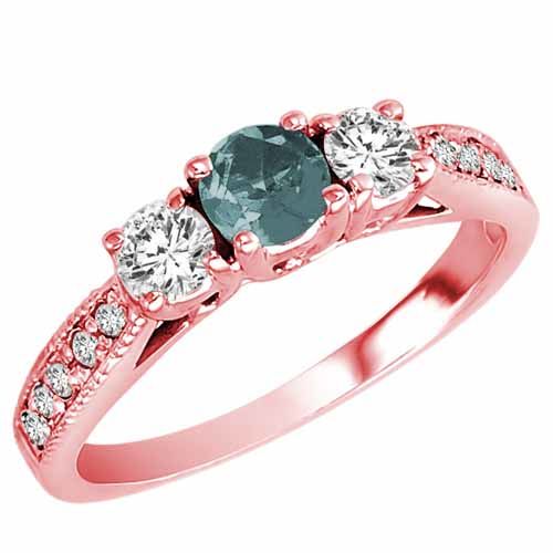 14K Rose Gold Round 3 Stone Diamond and Aquamarine Engagement Ring With Milgrain Pave Set Shank (0.95 cttw)