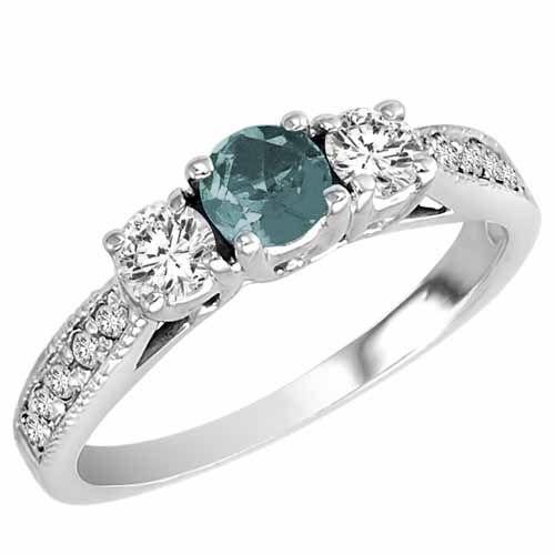 Platinum Round 3 Stone Diamond and Aquamarine Engagement Ring With Milgrain Pave Set Shank (0.95 cttw)