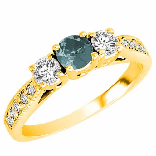 10K Yellow Gold Round 3 Stone Diamond and Aquamarine Engagement Ring With Milgrain Pave Set Shank (0.95 cttw)