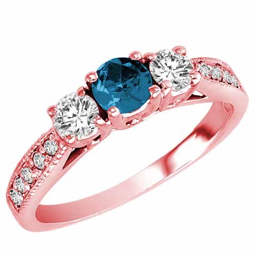 14K Rose Gold 3 Stone Blue Diamond and White Diamond Engagement Ring With Milgrain Pave Set Shank (1 cttw)
