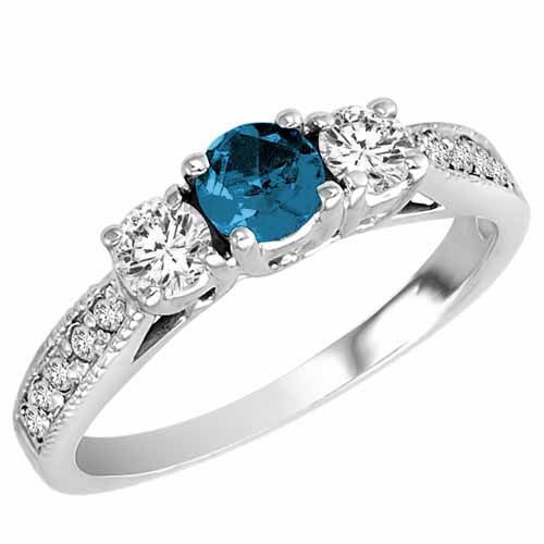 Sterling Silver 3 Stone Blue Diamond and White Diamond Engagement Ring With Milgrain Pave Set Shank (1 cttw)