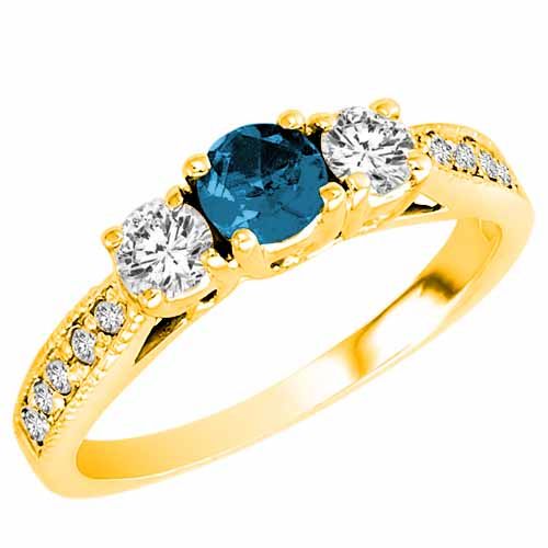 18K Yellow Gold 3 Stone Blue Diamond and White Diamond Engagement Ring With Milgrain Pave Set Shank (1 cttw)