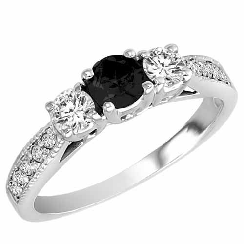 Platinum Round 3 Stone Diamond and Black Diamond Engagement Ring With Milgrain Pave Set Shank (0.95 cttw)