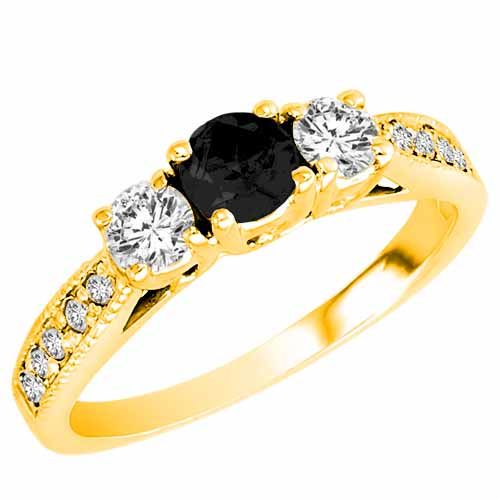 10K Yellow Gold Round 3 Stone Diamond and Black Diamond Engagement Ring With Milgrain Pave Set Shank (0.95 cttw)