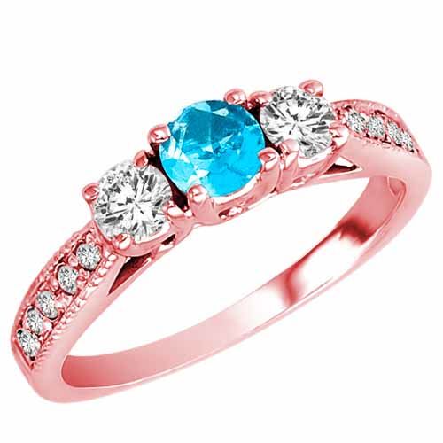 14K Rose Gold Round 3 Stone Diamond and Blue Topaz Engagement Ring With Milgrain Pave Set Shank (0.95 cttw)