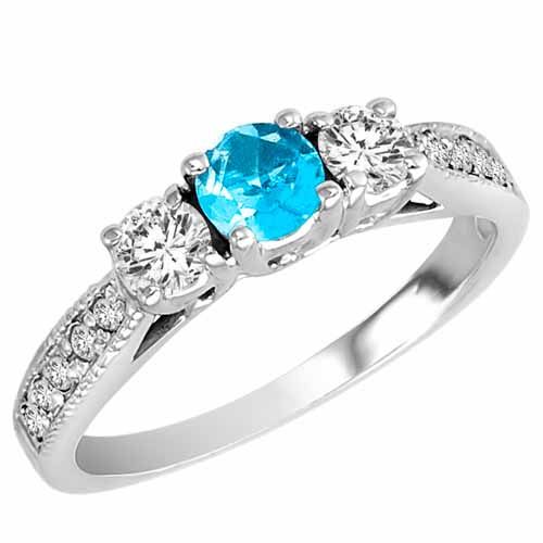 Sterling Silver Round 3 Stone Diamond and Blue Topaz Engagement Ring With Milgrain Pave Set Shank (0.95 cttw)