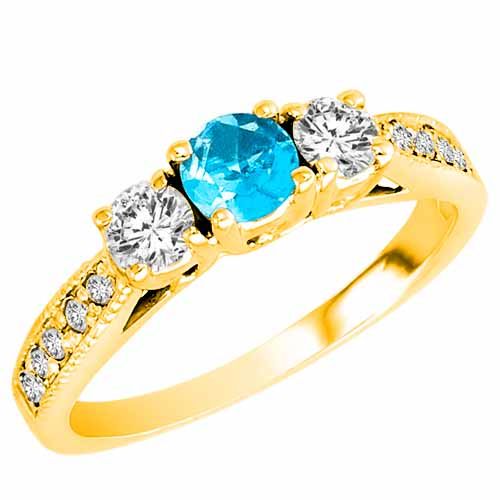 10K Yellow Gold Round 3 Stone Diamond and Blue Topaz Engagement Ring With Milgrain Pave Set Shank (0.95 cttw)
