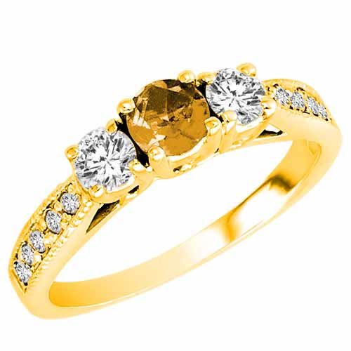 18K Yellow Gold Round 3 Stone Diamond and Citrine Engagement Ring With Milgrain Pave Set Shank (0.95 cttw)
