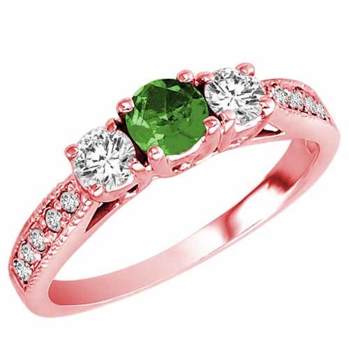 14K Rose Gold Round 3 Stone Diamond and Emerald Engagement Ring With Milgrain Pave Set Shank (0.95 cttw)