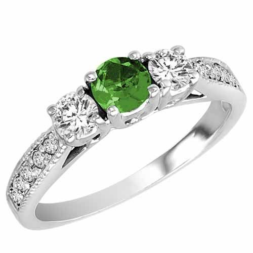 Sterling Silver Round 3 Stone Diamond and Emerald Engagement Ring With Milgrain Pave Set Shank (0.95 cttw)