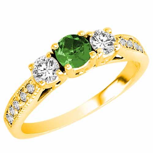 10K Yellow Gold Round 3 Stone Diamond and Emerald Engagement Ring With Milgrain Pave Set Shank (0.95 cttw)