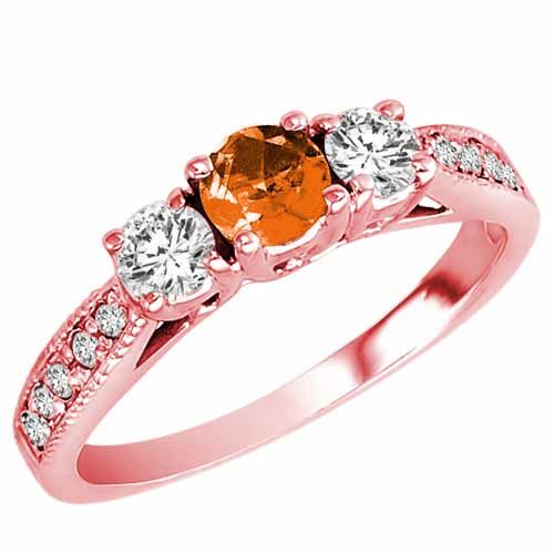 14K Rose Gold Round 3 Stone Diamond and Fire Opal Engagement Ring With Milgrain Pave Set Shank (0.95 cttw)
