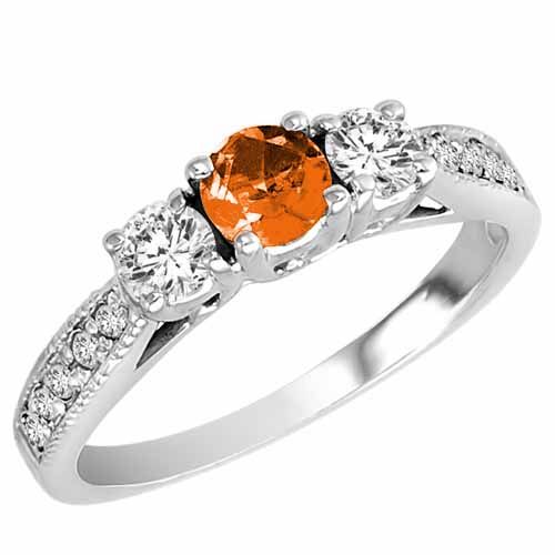 Platinum Round 3 Stone Diamond and Fire Opal Engagement Ring With Milgrain Pave Set Shank (0.95 cttw)