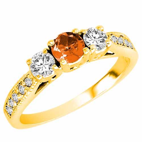10K Yellow Gold Round 3 Stone Diamond and Fire Opal Engagement Ring With Milgrain Pave Set Shank (0.95 cttw)