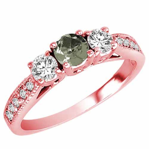 18K Rose Gold Round 3 Stone Diamond and Green Amethyst Engagement Ring With Milgrain Pave Set Shank (0.95 cttw)