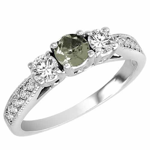 Platinum Round 3 Stone Diamond and Green Amethyst Engagement Ring With Milgrain Pave Set Shank (0.95 cttw)
