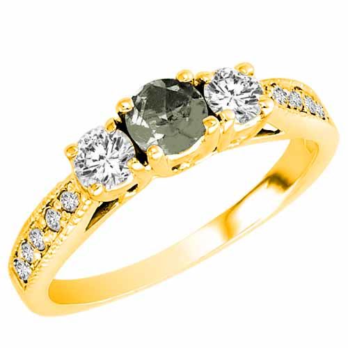 14K Yellow Gold Round 3 Stone Diamond and Green Amethyst Engagement Ring With Milgrain Pave Set Shank (0.95 cttw)