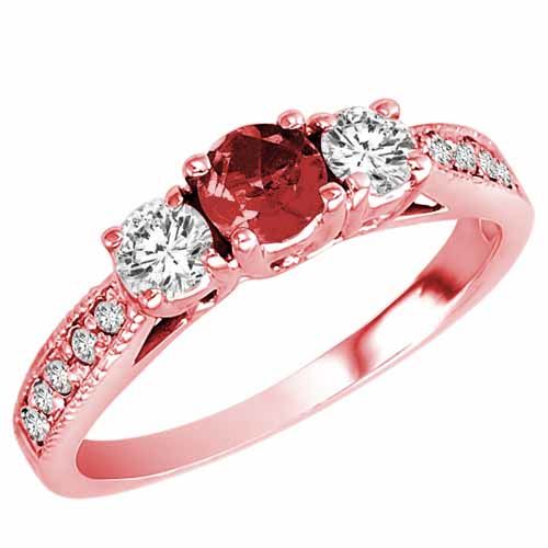 14K Rose Gold Round 3 Stone Diamond and Garnet Engagement Ring With Milgrain Pave Set Shank (0.95 cttw)