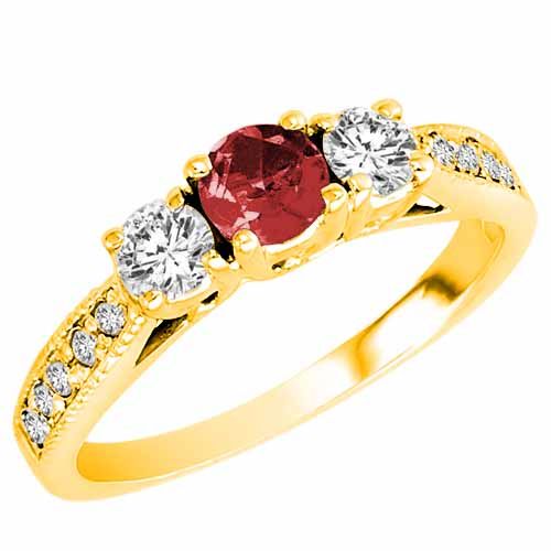 18K Yellow Gold Round 3 Stone Diamond and Garnet Engagement Ring With Milgrain Pave Set Shank (0.95 cttw)