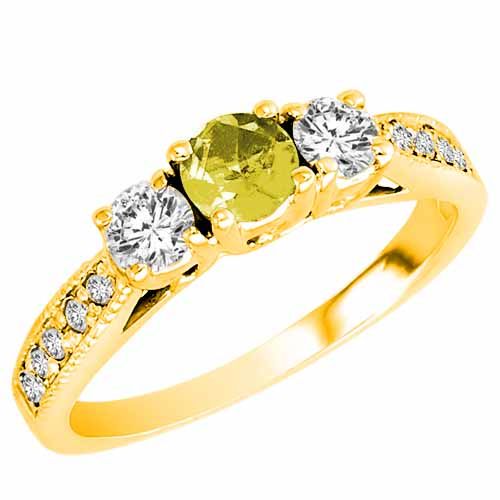18K Yellow Gold Round 3 Stone Diamond and Lemon Quartz Engagement Ring With Milgrain Pave Set Shank (0.95 cttw)