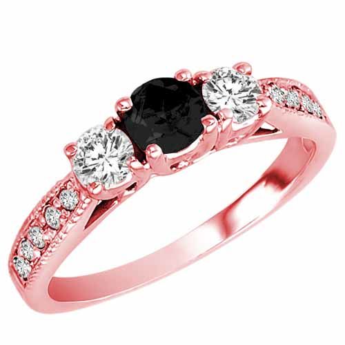 18K Rose Gold Round 3 Stone Diamond and Onyx Engagement Ring With Milgrain Pave Set Shank (0.95 cttw)